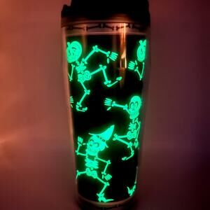 RARE 2002 Starbucks Barista Glow-in-Dark Black Halloween Skeleton Tumbler EUC